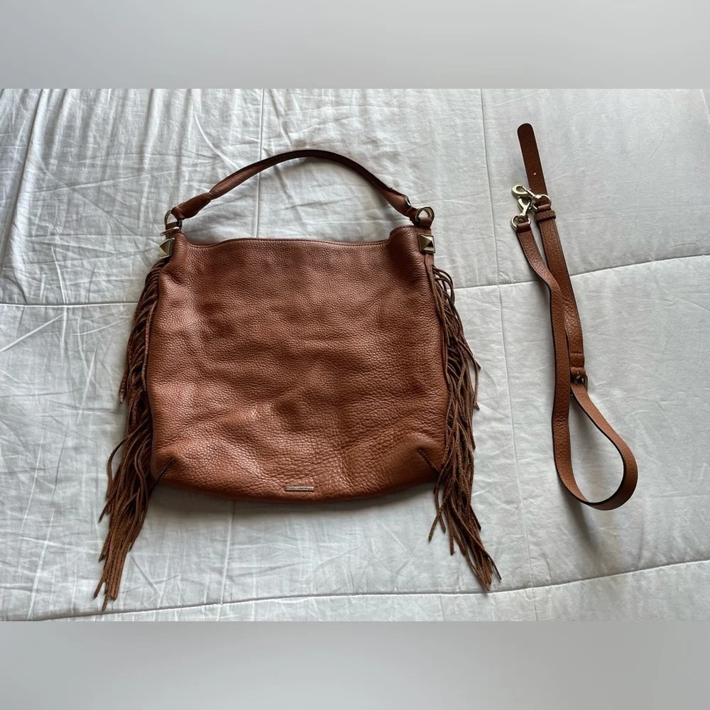 Rebecca Minkoff Clarke Leather Fringe Hobo Bag Cognac‎ Brown Western Rodeo Boho